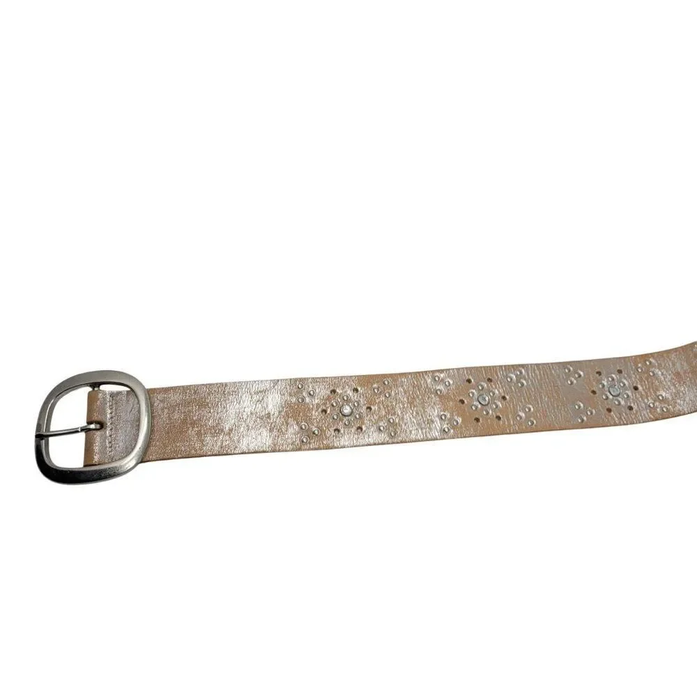 Aeropostale Western Studded Rhinestone Leather Belt‎ Sz S Tan Metallic Silver